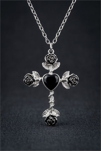 Silver Gotik Heart Black Stone Rose Kolye