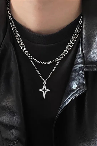 Silver İkili Zincir Yıldız Kolye