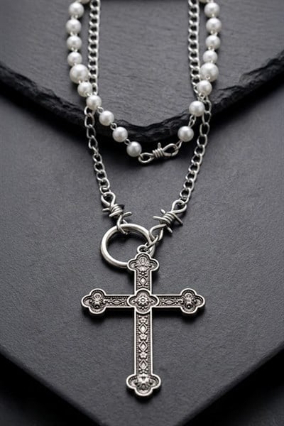 Silver İnci Şeritli Cross Diken Detaylı  Gotik Kolye