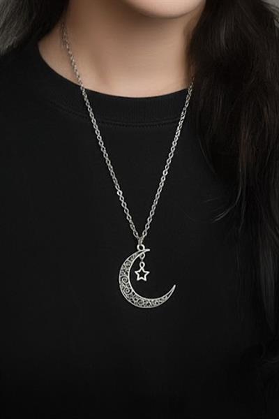 Silver Otantik Desenli Ay Yıldız Kolye