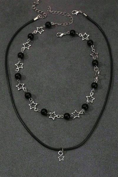 Silver Punk Star and Bead İkili Kolye