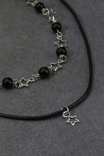 Silver Punk Star and Bead İkili Kolye