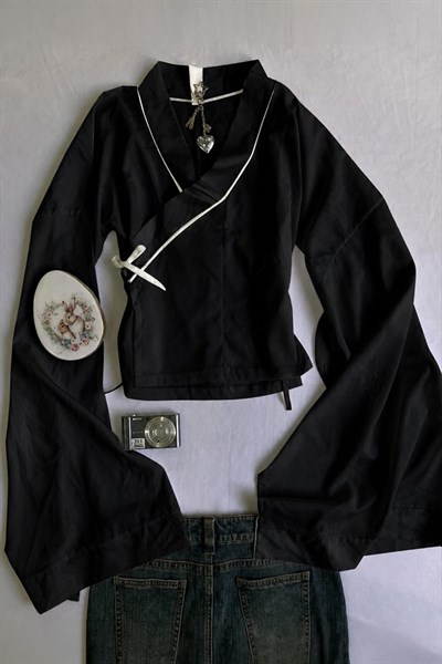Siyag Qipao Beyaz Şeritli Fiyonk Detaylı Y2K Uzun Kollu Crop