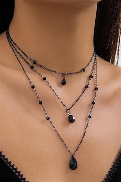 Siyah 3 Sıralı Siyah Kristal Kolye