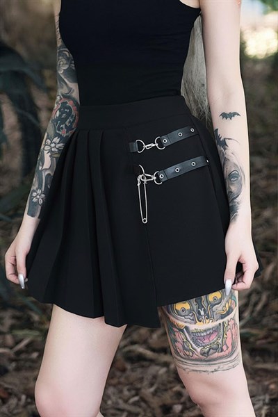 Siyah Anime Harajuku Punk Deri Kemerli Y2K Mini Etek