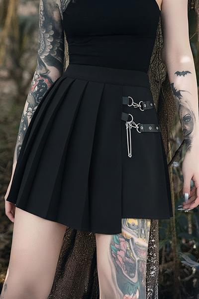 Siyah Anime Harajuku Punk Deri Kemerli Mini Etek