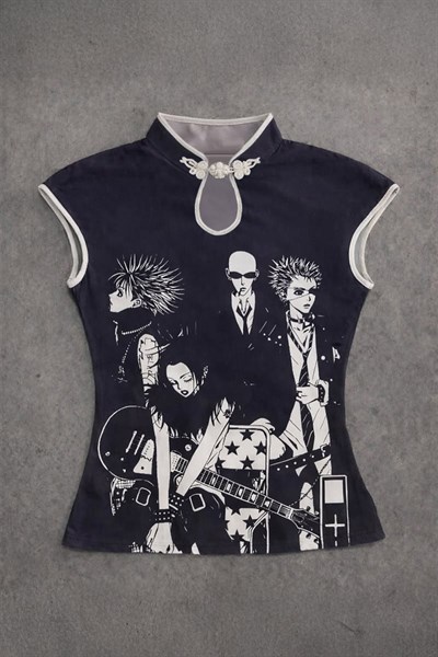 Siyah Anime Nana Qipao Vintage Y2K Kısa Kollu Crop