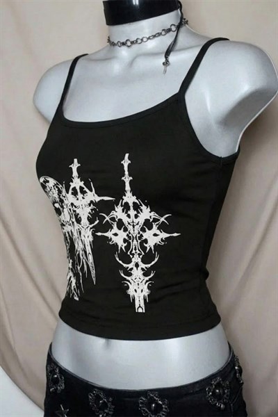 Siyah Anime Sword Gotik Y2K Askılı Crop