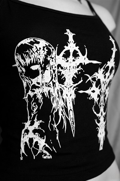 Siyah Anime Sword Gotik Y2K Askılı Crop
