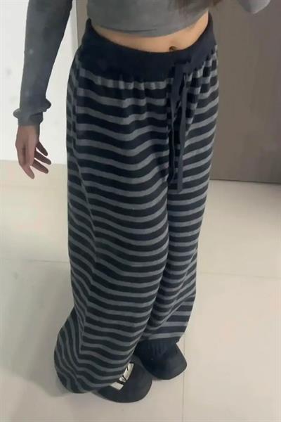 Siyah Antrasit Çizgili Beli Lastikli Y2K Unisex Eşofman