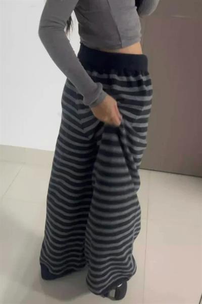 Siyah Antrasit Çizgili Beli Lastikli Y2K Unisex Eşofman