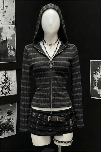 Siyah Antrasit Çizgili Fitilli Düz Y2K Crop Hırka