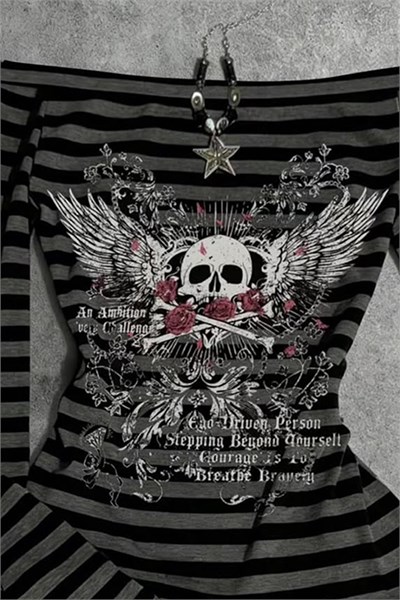 Siyah Antrasit Çizgili Gotik Skull Rose Omuz Dekolteli Y2K Uzun Kollu Crop