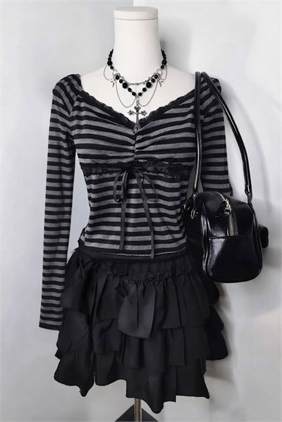 Siyah Antrasit Çizgili Grunge Fiyonklu Dantelli Y2K Uzun Kollu Crop