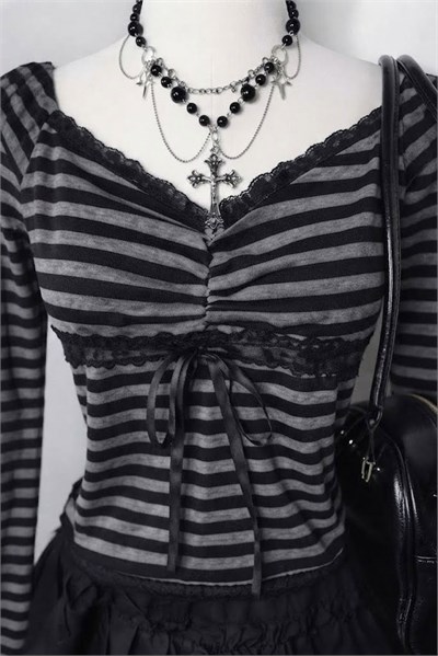 Siyah Antrasit Çizgili Grunge Fiyonklu Dantelli Y2K Uzun Kollu Crop