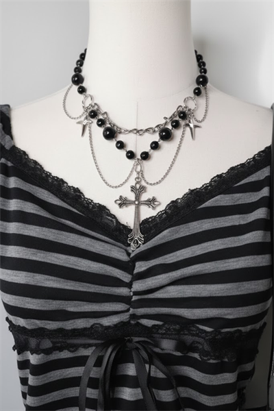 Siyah Antrasit Çizgili Grunge Fiyonklu Dantelli Y2K Kısa Kollu Crop