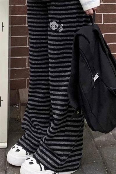 Siyah Antrasit Çizgili Melody Panda  Beli Lastikli Y2K Unisex Eşofman