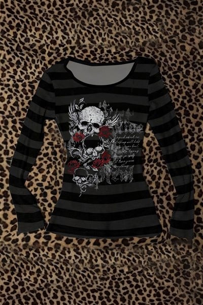 Siyah Antrasit Çizgili Skull Red Rose Gotik Y2K Uzun Kollu Crop