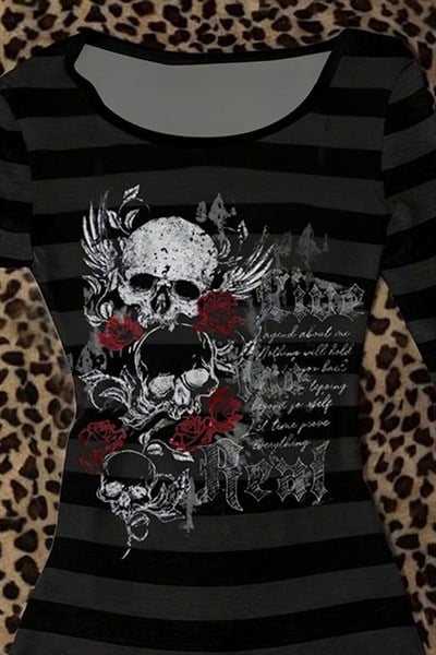 Siyah Antrasit Çizgili Skull Red Rose Gotik Y2K Uzun Kollu Crop