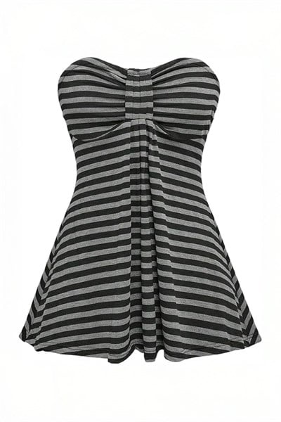 Siyah Antrasit Çizgili Twist Y2K Straplez Crop