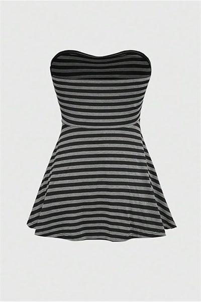 Siyah Antrasit Çizgili Twist Y2K Straplez Crop