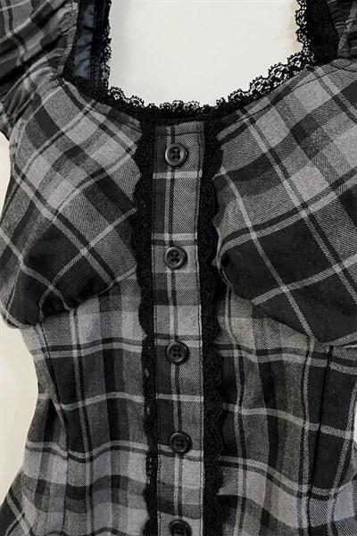 Siyah Antrasit Ekoseli Vintage Dantelli Kare Yaka Y2K Kısa Kollu Crop