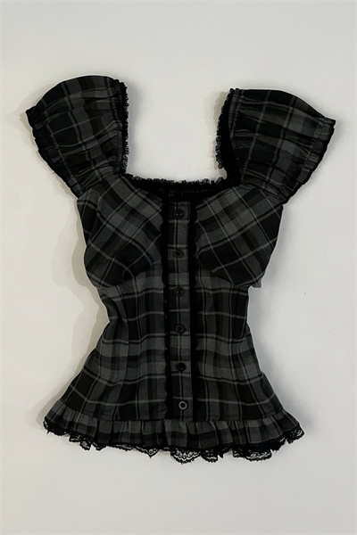 Siyah Antrasit Ekoseli Vintage Dantelli Kare Yaka Y2K Kısa Kollu Crop