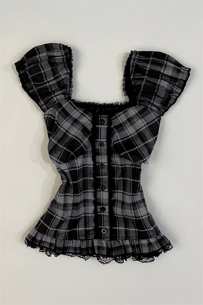 Siyah Antrasit Ekoseli Vintage Dantelli Kare Yaka Y2K Kısa Kollu Crop
