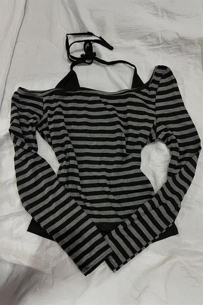 Siyah Antrasit Gotik Grunge Ek Askılı Açık Omuz Uzun Kollu Crop