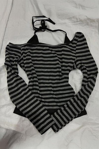 Siyah Antrasit Gotik Grunge Ek Askılı Açık Omuz Y2K Uzun Kollu Crop