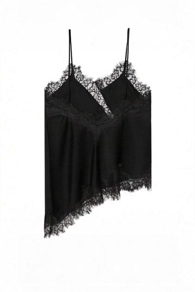 Siyah Asimetrik Kesim Vintage Dantel Detaylı Y2K Askılı Crop