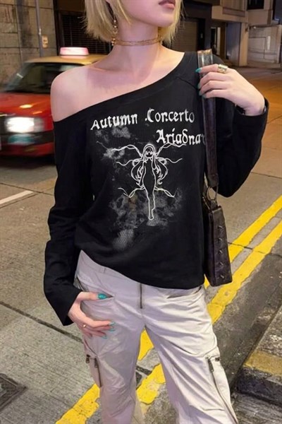 Siyah Autumun Corcerto Salaş Omuz Dekolteli Y2K Uzun Kollu Off-Shoulder T-Shirt