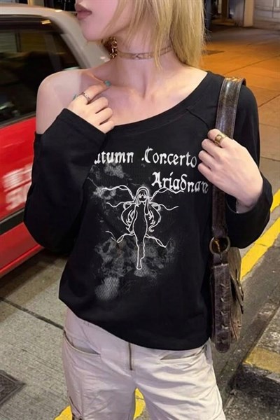 Siyah Autumun Corcerto Salaş Omuz Dekolteli Y2K Uzun Kollu Off-Shoulder T-Shirt