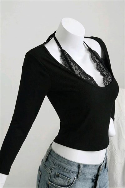 Siyah Bağlamalı Dantelli Ekli Gotik Y2K Uzun Kollu Crop 