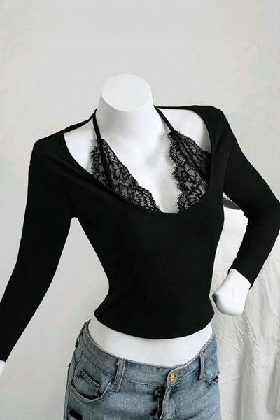 Siyah Bağlamalı Dantelli Ekli Gotik Y2K Uzun Kollu Crop 