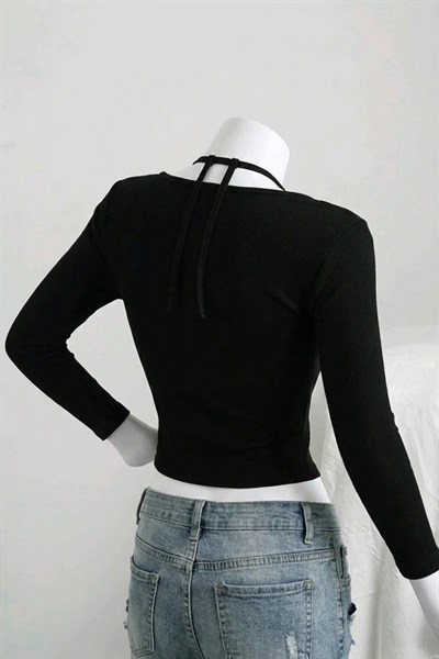 Siyah Bağlamalı Dantelli Ekli Gotik Y2K Uzun Kollu Crop 