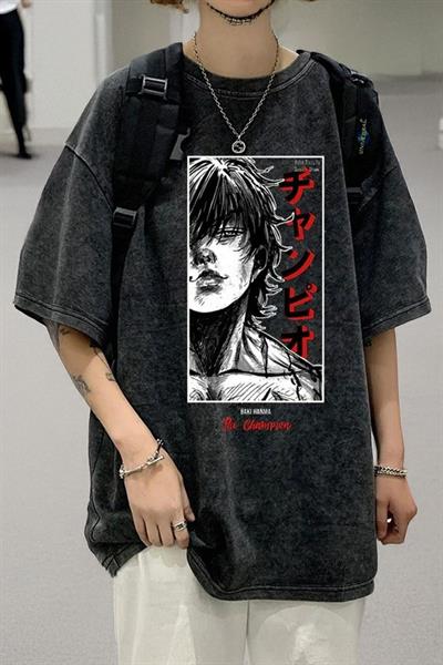 Siyah Baki Hanma The Champion Yıkamalı Kumaş Unisex T-shirt