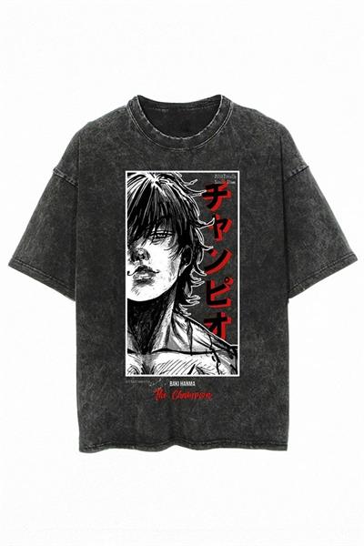 Siyah Baki Hanma The Champion Yıkamalı Kumaş Unisex T-shirt
