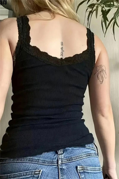 Siyah Basic Dantel Yakalı Y2K Askılı Crop  