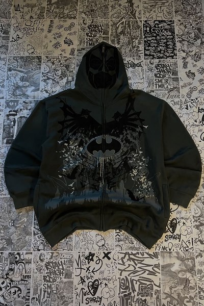 Siyah Batman Sırt Baskılı Cartoon Unisex Hırka
