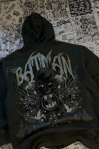 Siyah Batman Sırt Baskılı Cartoon Unisex Hırka