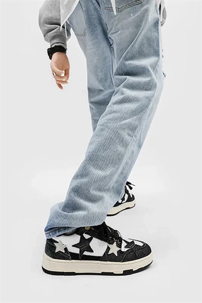 Siyah Beyaz Denim Yıldız Nakışlı Harajuku Y2K Sneaker Ayakkabı