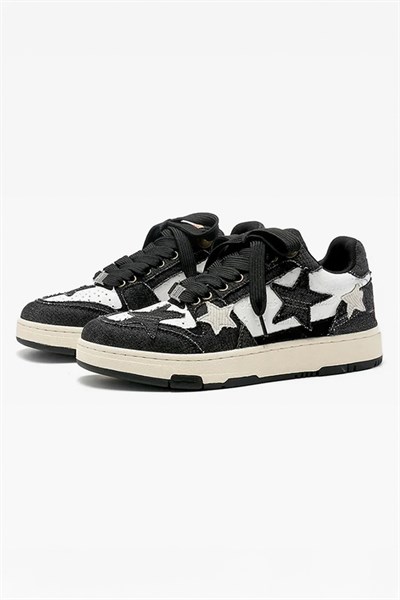 Siyah Beyaz Denim Yıldız Nakışlı Harajuku Y2K Sneaker Ayakkabı