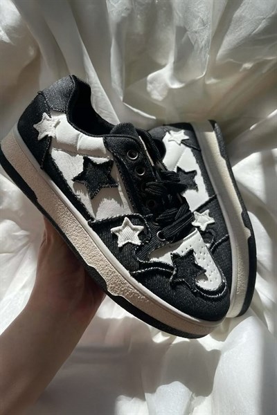 Siyah Beyaz Denim Yıldız Nakışlı Harajuku Y2K Sneaker Ayakkabı