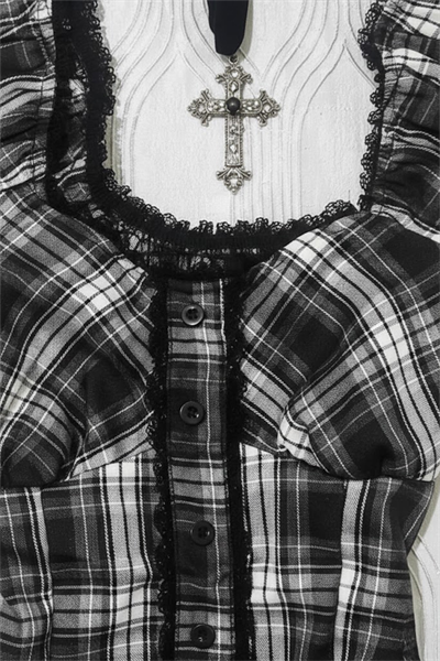 Siyah Beyaz Ekoseli Vintage Dantelli Kare Yaka Y2K Kısa Kollu Crop