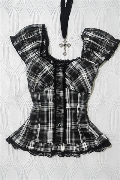 Siyah Beyaz Ekoseli Vintage Dantelli Kare Yaka Y2K Kısa Kollu Crop