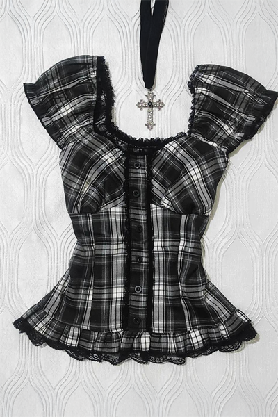 Siyah Beyaz Ekoseli Vintage Dantelli Kare Yaka Y2K Kısa Kollu Crop