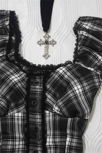 Siyah Beyaz Ekoseli Vintage Dantelli Kare Yaka Y2K Kısa Kollu Crop