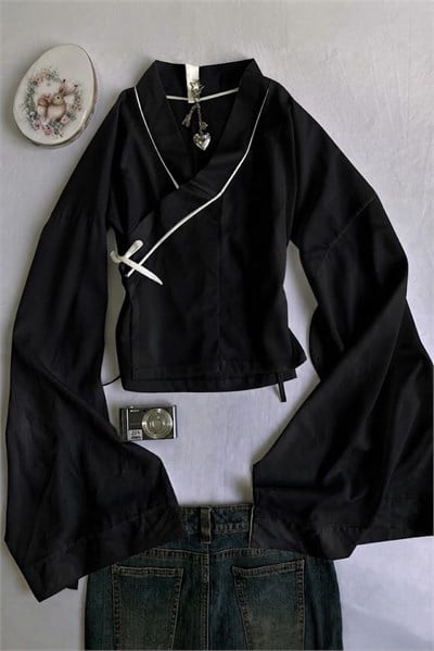 Siyah Beyaz Şeritli Fiyonk Detaylı Y2K Uzun Kollu Qipao