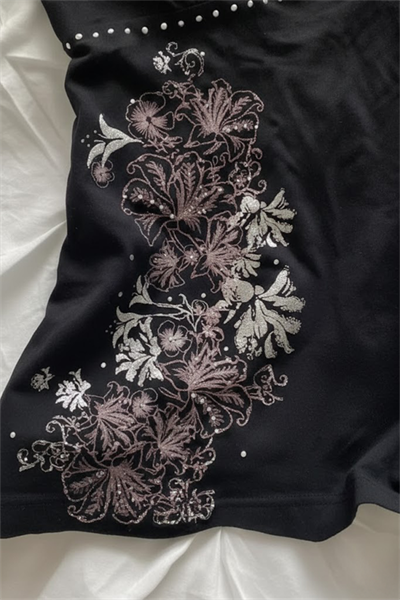 Siyah Taşlı Floral Desenli Vintage Y2K Askılı Crop